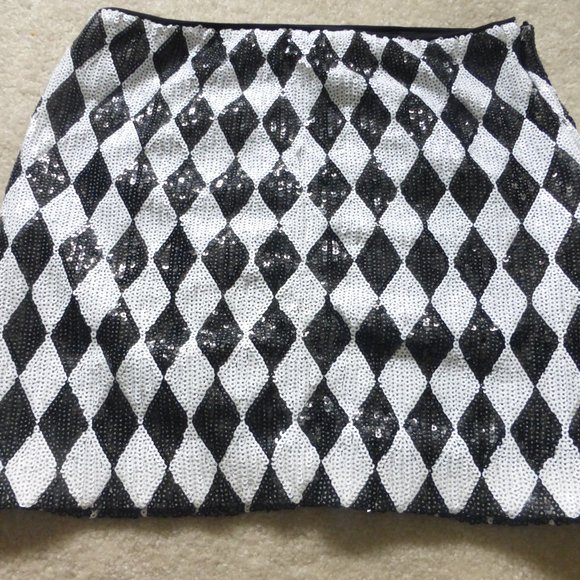 BEBE black and white diamond print sequins party mini skirt - Picture 1 of 6